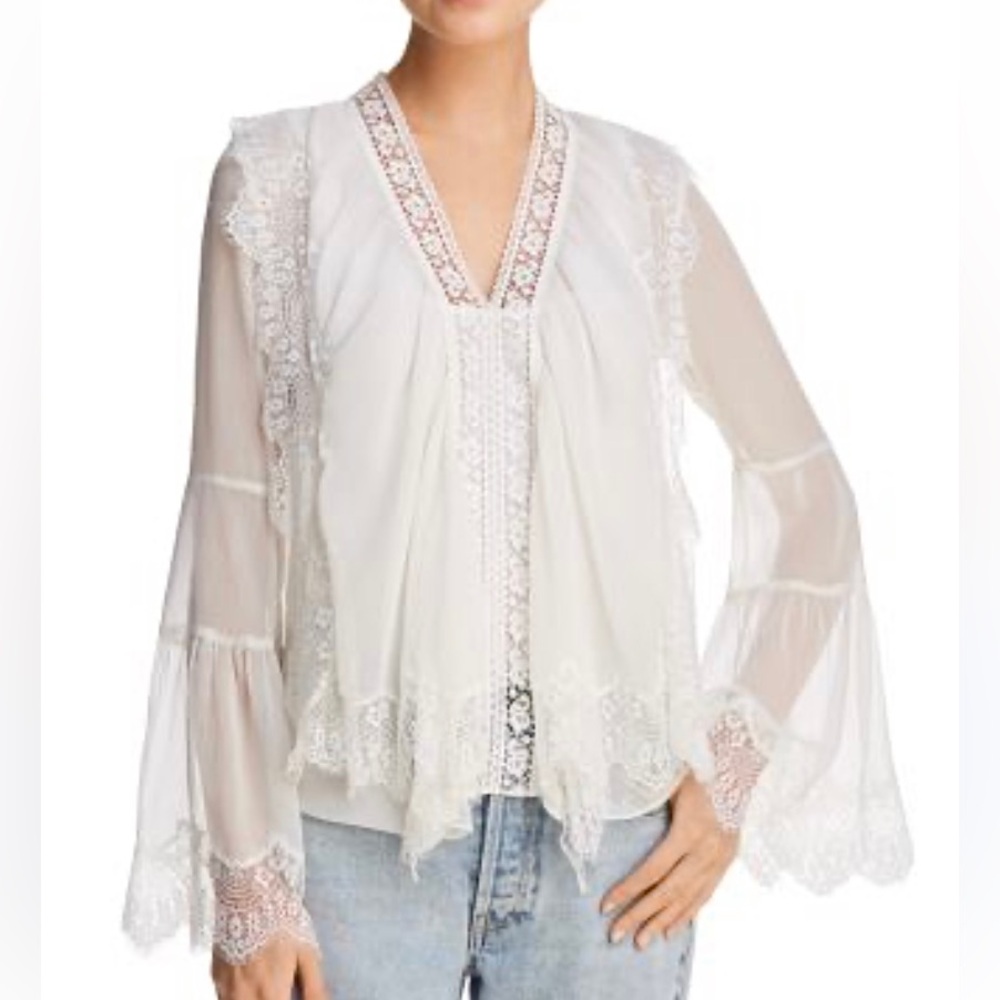Alice + Olivia Jaden Lace Trimmed Bell Sleeve Sheer Gauze White Tunic Top Blouse